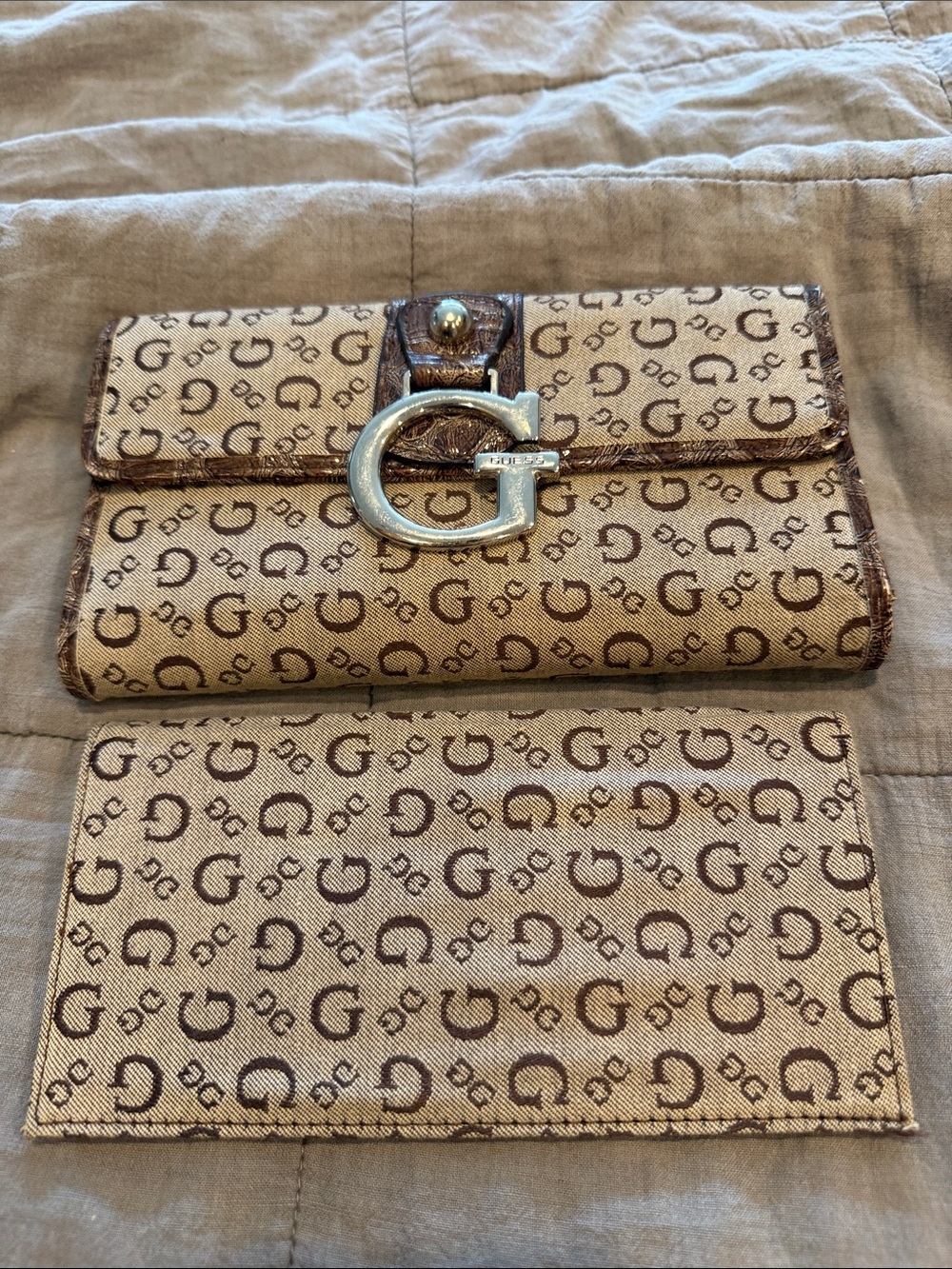 Guess Beige Brown Signature Monogram Wallet with Silver G Buckle